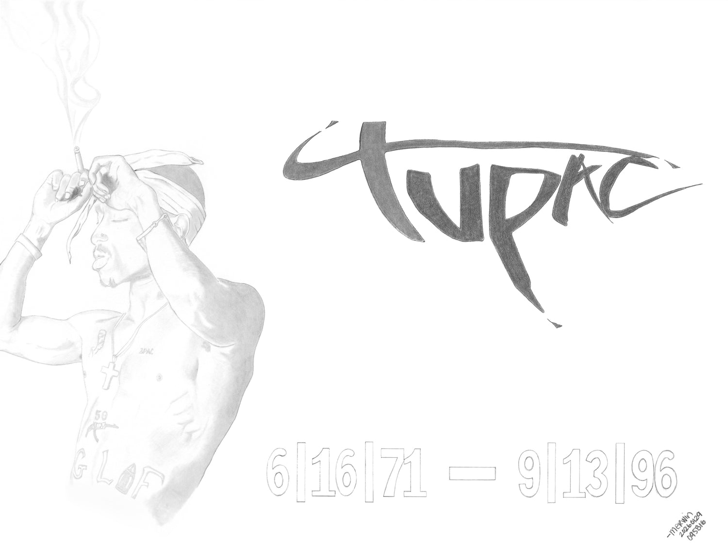 Close-up graphite portrait of Tupac Shakur highlighting realistic pencil detail.