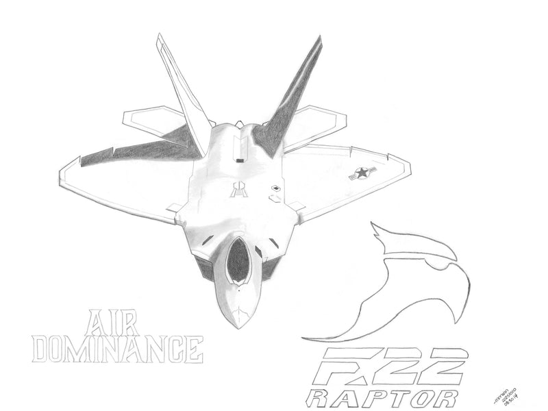 Close-up graphite artwork showing detailed F-22 cockpit and aircraft features.