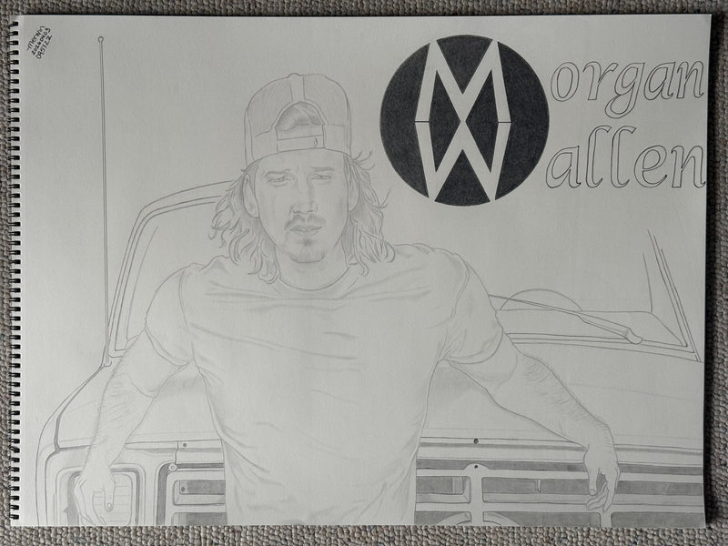 Original 18x24" graphite drawing of Morgan Wallen standing in front of a vintage Ford pickup truck by artist Merwin.