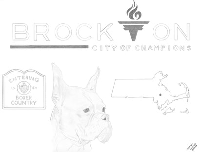 Close-up graphite artwork showing a great boxer dog breed, as well as the City of Brockton logo and an outline of the state of Massachusetts, marking Brockton's location.