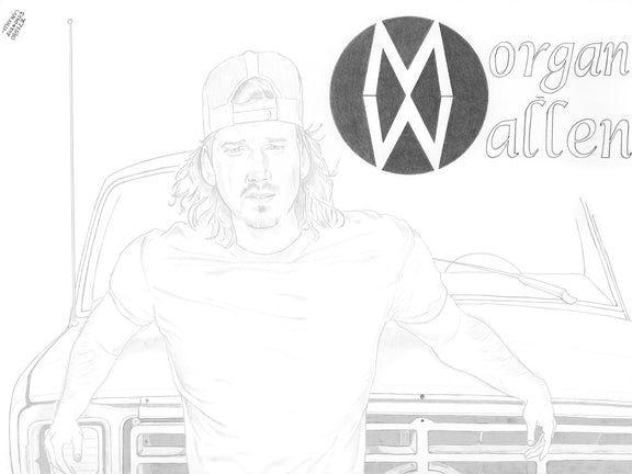 Close-up of Morgan Wallen graphite portrait showing realistic facial features and pencil shading.