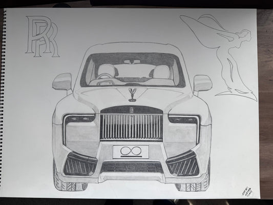 Original 18x24" graphite drawing of a 2025 Rolls-Royce Cullinan Series II luxury SUV.