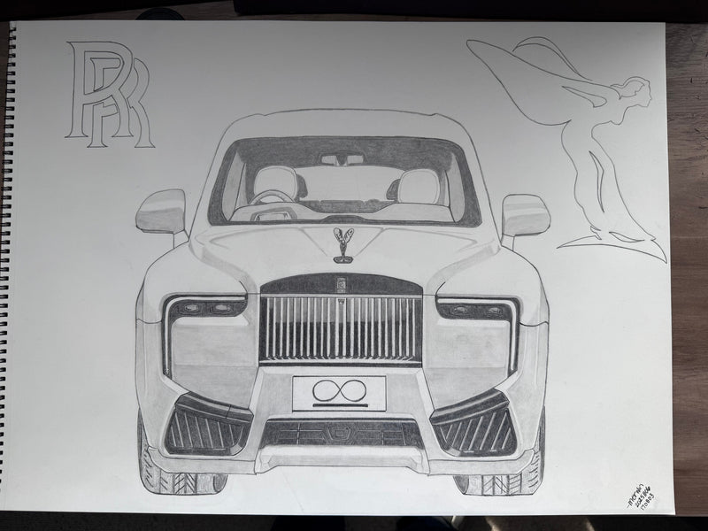 Original 18x24" graphite drawing of a 2025 Rolls-Royce Cullinan Series II luxury SUV.