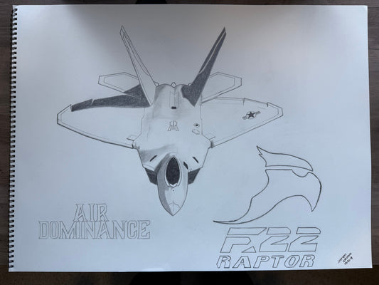 Original 18x24" graphite drawing of an F-22 Raptor fighter aircraft.