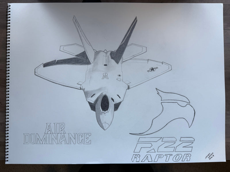 Original 18x24" graphite drawing of an F-22 Raptor fighter aircraft.