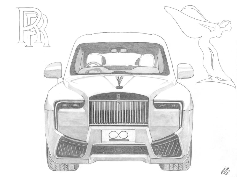 Close-up graphite artwork highlighting the Rolls-Royce grille and Spirit of Ecstasy.